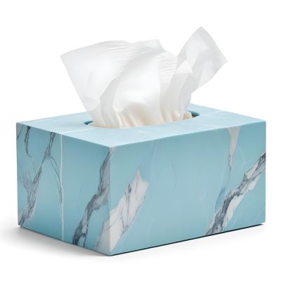 A Light Blue Tissue Box With A Marble Pattern Filled With White Tissues Sitting On A White Surface With A White Background 24 F831