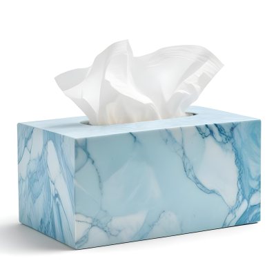 A Light Blue Tissue Box With A Marble Pattern Filled With White Tissues Sitting On A White Surface With A White Background 27 9a04