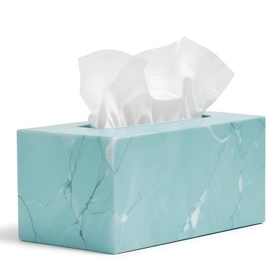 A Light Blue Tissue Box With A Marble Pattern Filled With White Tissues Sitting On A White Surface With A White Background 34 6aa4