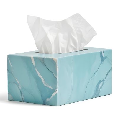 A Light Blue Tissue Box With A Marble Pattern Filled With White Tissues Sitting On A White Surface With A White Background 36 7e54