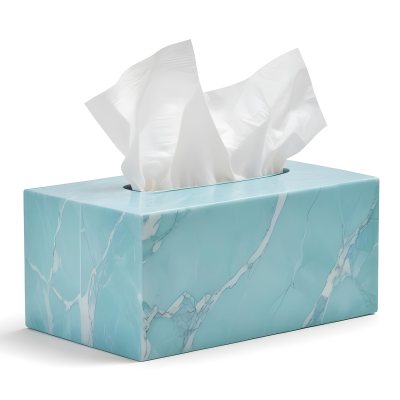 A Light Blue Tissue Box With A Marble Pattern Filled With White Tissues Sitting On A White Surface With A White Background 37 83a1