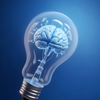 A Light Bulb With A Brain Inside The Brain Is Blue And Glowing The Background Is Blue And Gradient 17 00e2