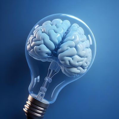 A Light Bulb With A Brain Inside The Brain Is Blue And Glowing The Background Is Blue And Gradient 19 27a2