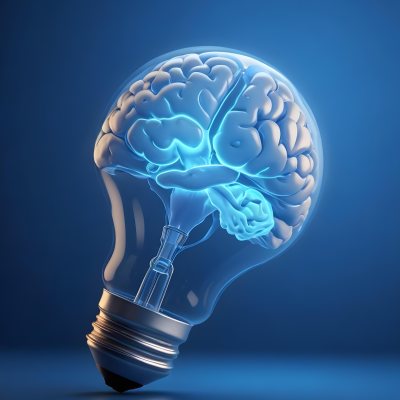 A Light Bulb With A Brain Inside The Brain Is Blue And Glowing The Background Is Blue And Gradient 6 7785