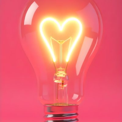 A Light Bulb With A Heart Shaped Filament Glowing With A Warm Light The Background Is A Solid Pink Color Creating A Simple And Modern Design 12 3ffa