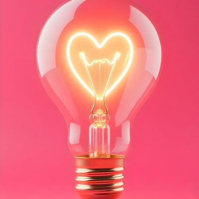 A Light Bulb With A Heart Shaped Filament Glowing With A Warm Light The Background Is A Solid Pink Color Creating A Simple And Modern Design 3 083b