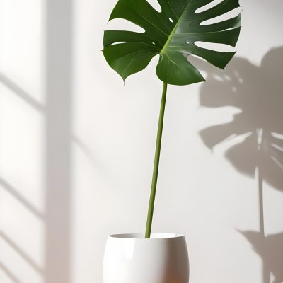 A Monstera Leaf In A White Vase The Background Is A White Wall With A Shadow 13 E39c