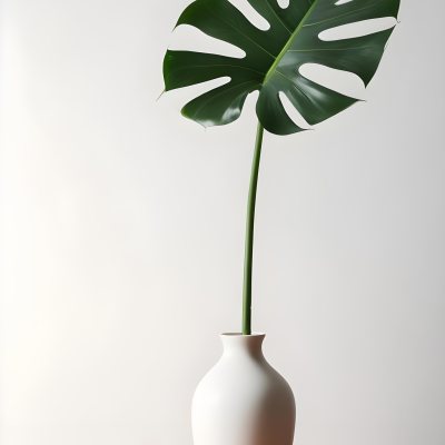 A Monstera Leaf In A White Vase The Background Is A White Wall With A Shadow 18 2b47