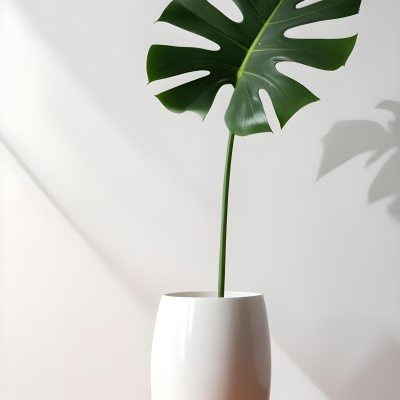 A Monstera Leaf In A White Vase The Background Is A White Wall With A Shadow 2 5c6a