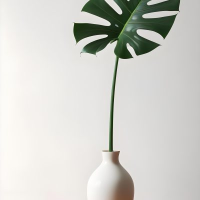 A Monstera Leaf In A White Vase The Background Is A White Wall With A Shadow 21 E3d8