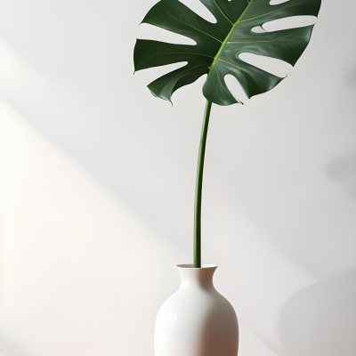 A Monstera Leaf In A White Vase The Background Is A White Wall With A Shadow 30 4517