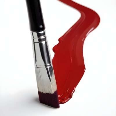 A Paintbrush With Red Handle And Red Tip Painting A Black Line On A Red Background Close Up Shot Studio Shot 35 F7e1