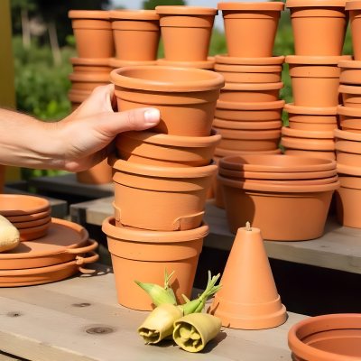 A Person S Hand Placing A Small Terracotta Plant Pot On A Stack Of Similar Pots With A Blurred Natural Background 12 Ef7a