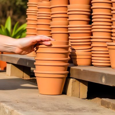 A Person S Hand Placing A Small Terracotta Plant Pot On A Stack Of Similar Pots With A Blurred Natural Background 14 090e