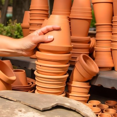 A Person S Hand Placing A Small Terracotta Plant Pot On A Stack Of Similar Pots With A Blurred Natural Background 16 1654