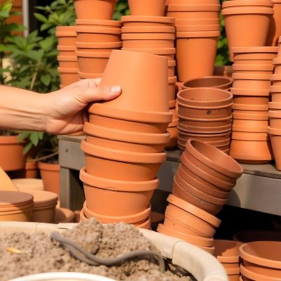 A Person S Hand Placing A Small Terracotta Plant Pot On A Stack Of Similar Pots With A Blurred Natural Background 18 F0e2