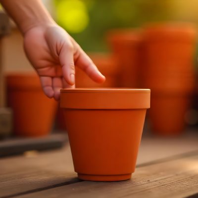 A Person S Hand Placing A Small Terracotta Plant Pot On A Stack Of Similar Pots With A Blurred Natural Background 2 Ac6d