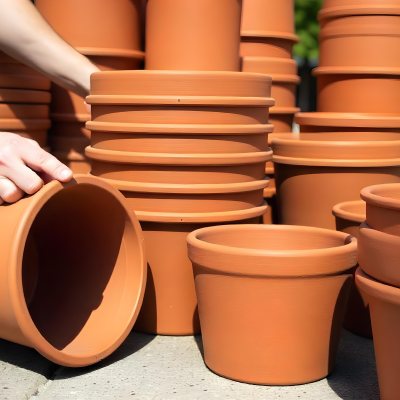A Person S Hand Placing A Small Terracotta Plant Pot On A Stack Of Similar Pots With A Blurred Natural Background 4 Ca51
