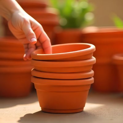A Person S Hand Placing A Small Terracotta Plant Pot On A Stack Of Similar Pots With A Blurred Natural Background 5 413d