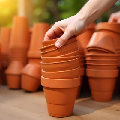 A Person S Hand Placing A Small Terracotta Plant Pot On A Stack Of Similar Pots With A Blurred Natural Background 7 Bcf2
