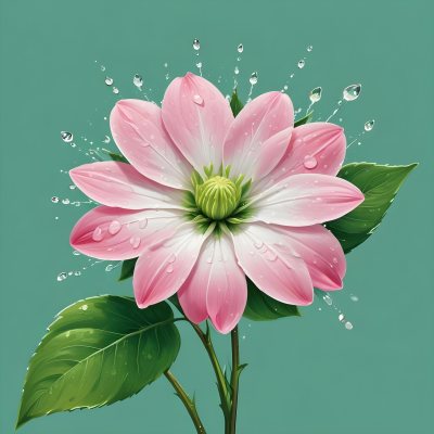 A Pink And White Flower With Green Leaves And Stem Water Drops In The Background Pink Background 35 6a9a