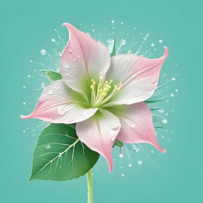 A Pink And White Flower With Green Leaves And Stem Water Drops In The Background Pink Background 42 E2ec
