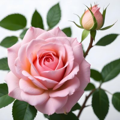 A Pink Rose With Green Leaves And Stem Isolated On A White Background Soft Lighting Close Up Shot Focus On The Leaves Vibrant Colors Natural Texture 1 6783