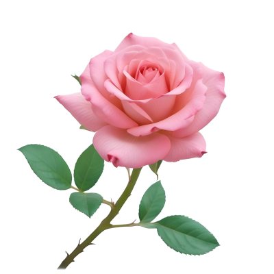 A Pink Rose With Green Leaves And Stem Isolated On A White Background Soft Lighting Close Up Shot Focus On The Leaves Vibrant Colors Natural Texture 18 5e2c