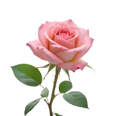 A Pink Rose With Green Leaves And Stem Isolated On A White Background Soft Lighting Close Up Shot Focus On The Leaves Vibrant Colors Natural Texture 23 77d8