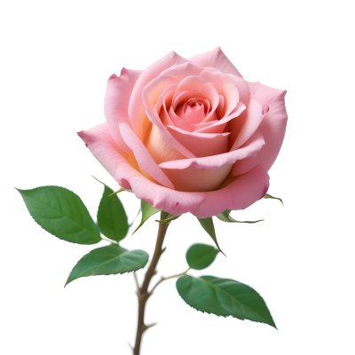 A Pink Rose With Green Leaves And Stem Isolated On A White Background Soft Lighting Close Up Shot Focus On The Leaves Vibrant Colors Natural Texture 26 Bcf1