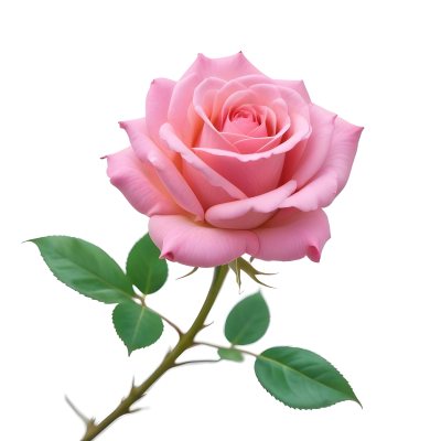 A Pink Rose With Green Leaves And Stem Isolated On A White Background Soft Lighting Close Up Shot Focus On The Leaves Vibrant Colors Natural Texture 30 42ac