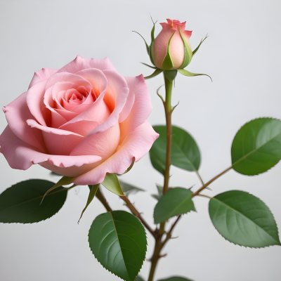 A Pink Rose With Green Leaves And Stem Isolated On A White Background Soft Lighting Close Up Shot Focus On The Leaves Vibrant Colors Natural Texture 35 C8e3