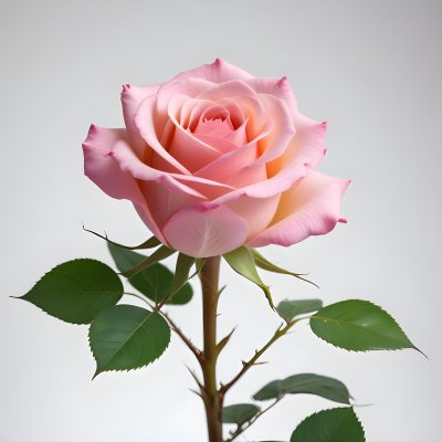 A Pink Rose With Green Leaves And Stem Isolated On A White Background Soft Lighting Close Up Shot Focus On The Leaves Vibrant Colors Natural Texture 37 6e48