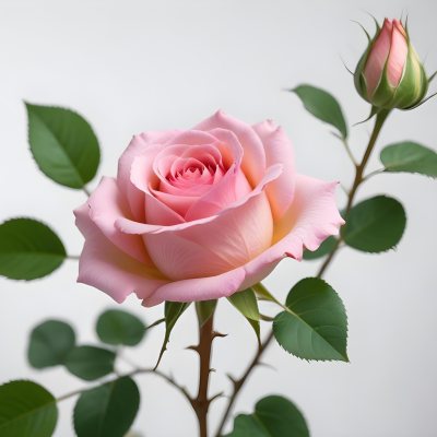 A Pink Rose With Green Leaves And Stem Isolated On A White Background Soft Lighting Close Up Shot Focus On The Leaves Vibrant Colors Natural Texture 38 F230