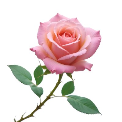 A Pink Rose With Green Leaves And Stem Isolated On A White Background Soft Lighting Close Up Shot Focus On The Leaves Vibrant Colors Natural Texture 40 9577