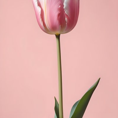 A Pink Tulip With White Edges A Green Stem And Leaves In Front Of A Green Background 20 D77b