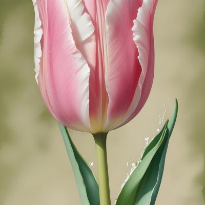 A Pink Tulip With White Edges A Green Stem And Leaves In Front Of A Green Background 21 B048