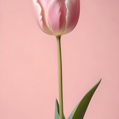 A Pink Tulip With White Edges A Green Stem And Leaves In Front Of A Green Background 30 Da9c
