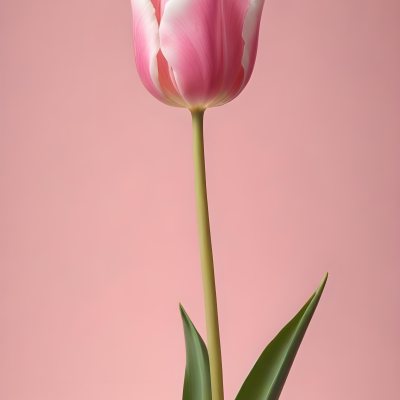 A Pink Tulip With White Edges A Green Stem And Leaves In Front Of A Green Background 36 7cfe