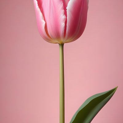 A Pink Tulip With White Edges A Green Stem And Leaves In Front Of A Green Background 37 7497
