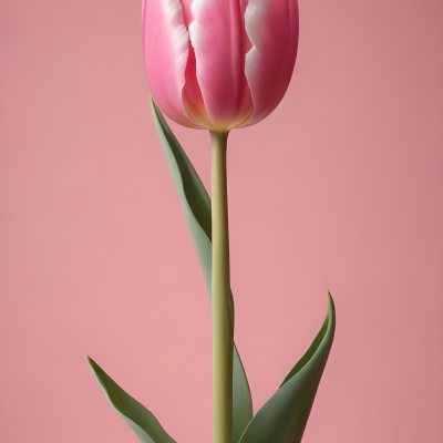 A Pink Tulip With White Edges A Green Stem And Leaves In Front Of A Green Background 39 C572