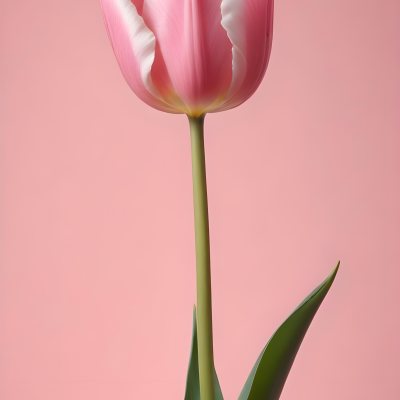 A Pink Tulip With White Edges A Green Stem And Leaves In Front Of A Green Background 45 3db8
