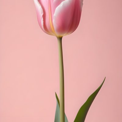 A Pink Tulip With White Edges A Green Stem And Leaves In Front Of A Green Background 52 7686