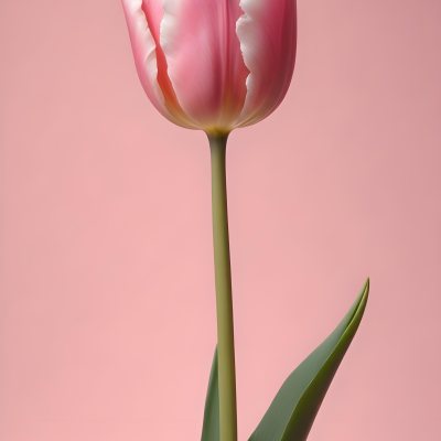 A Pink Tulip With White Edges A Green Stem And Leaves In Front Of A Green Background 54 E6ba