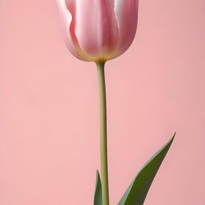 A Pink Tulip With White Edges A Green Stem And Leaves In Front Of A Green Background 68 2ed3