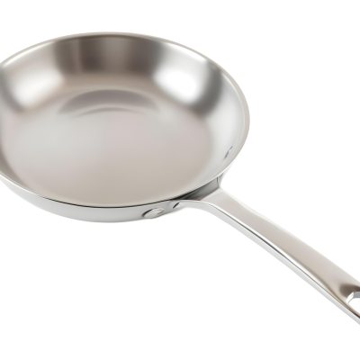 A Stainless Steel Frying Pan With A Long Handle Shiny Surface And A Hole At The End Of The Handle Isolated On White Background 10 6171