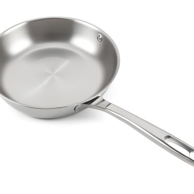 A Stainless Steel Frying Pan With A Long Handle Shiny Surface And A Hole At The End Of The Handle Isolated On White Background 13 4c2b