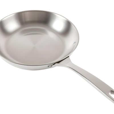 A Stainless Steel Frying Pan With A Long Handle Shiny Surface And A Hole At The End Of The Handle Isolated On White Background 16 88ee