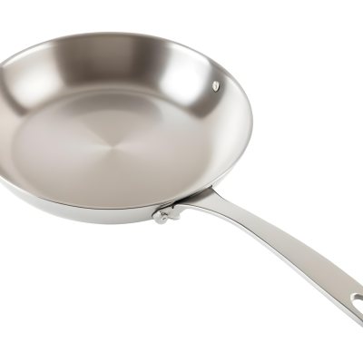 A Stainless Steel Frying Pan With A Long Handle Shiny Surface And A Hole At The End Of The Handle Isolated On White Background 2 Ed77