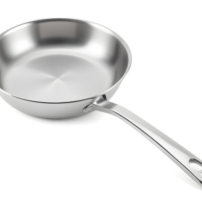 A Stainless Steel Frying Pan With A Long Handle Shiny Surface And A Hole At The End Of The Handle Isolated On White Background 23 6e8d
